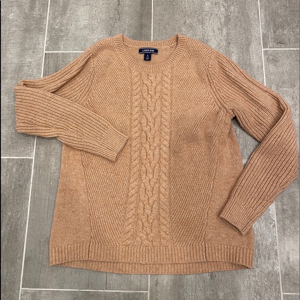 Camel colored cable-knit crew sweater